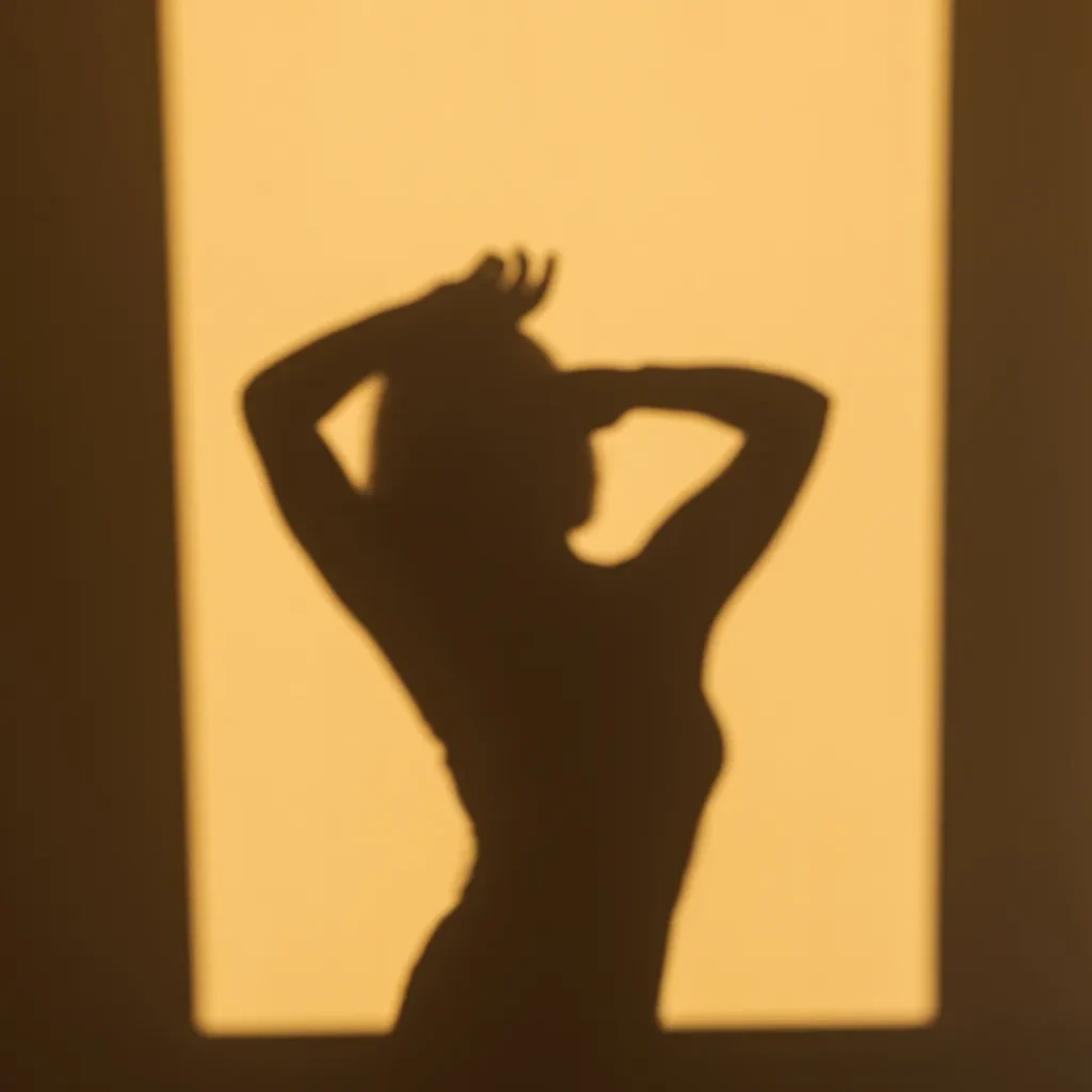 Femme dansant avec son ombre sur fond jaune