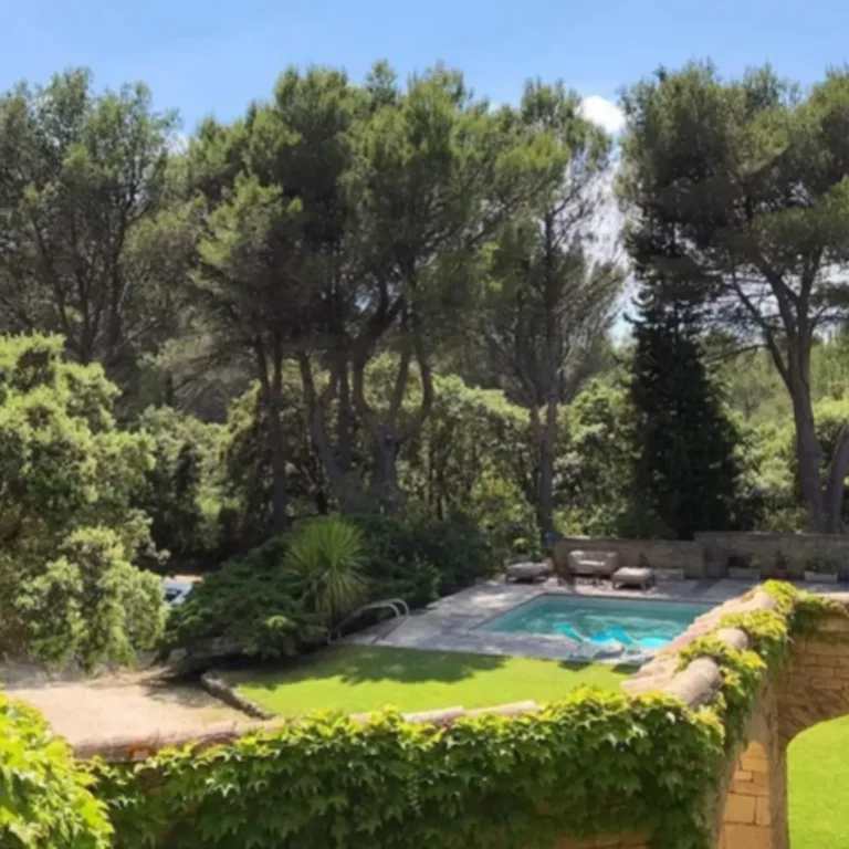 Jardin avec une terrasse et une piscine lors d'un voyage en france
